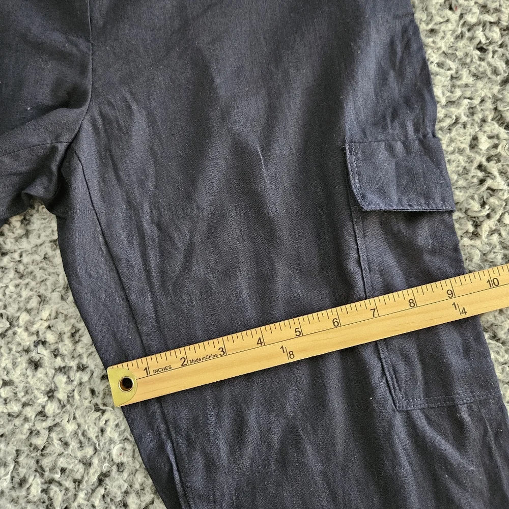Zara Navy Blue Linen Roll-Up Cargo Pants XS Cropped High Rise Tie Belt Women's